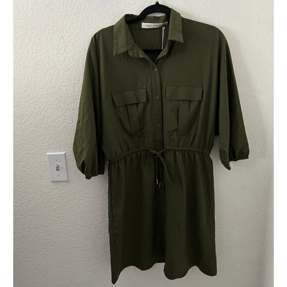 bishop + young Dresses & Skirts - Bishop + Young Safari Olive Green Puff Sleeve Button Up Midi Dress - Small NWT